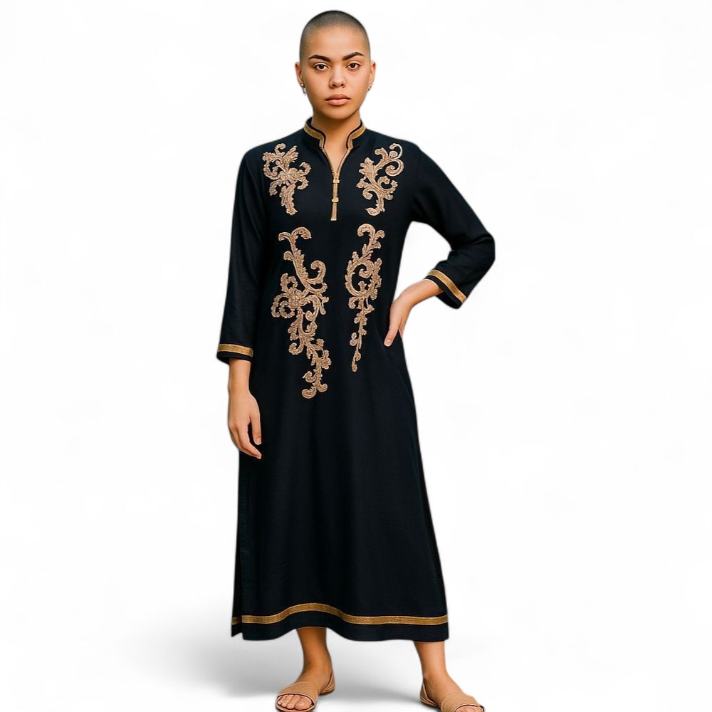 Vintage Kajree Kaftan Embroidered Detailing Black / Tan Womens Size Large - Picture 1 of 11